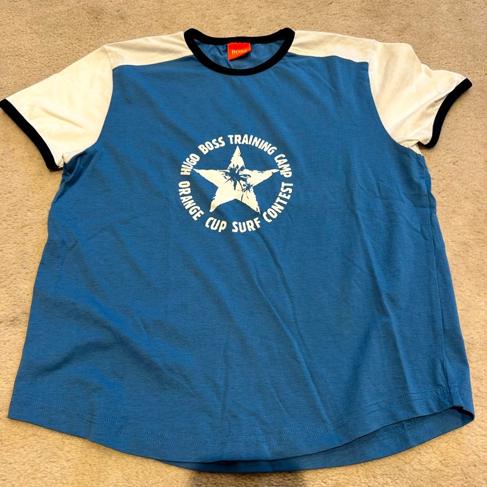 Boys HUGO BOSS T-Shirt Top Blue White Logo 100% Cotton Size 8 Like New